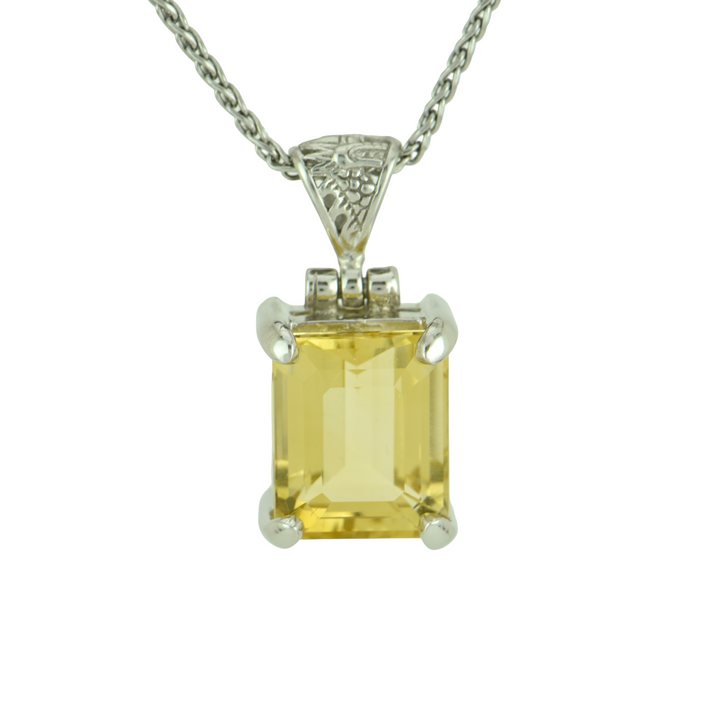 Emerald Cut Citrine Pendant, set in Sterling Silver plated in White Rhodium