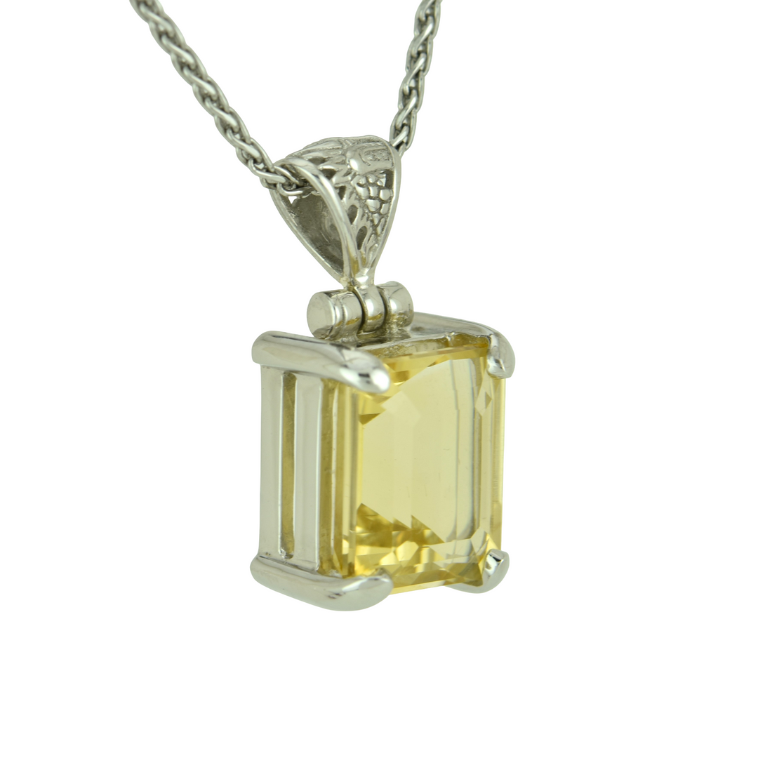 Emerald Cut Citrine Pendant, set in Sterling Silver plated in White Rhodium