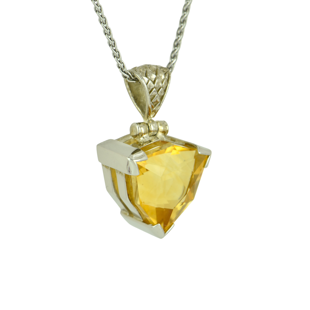 Trillion Citrine, set in Sterling Silver plated in White Rhodium