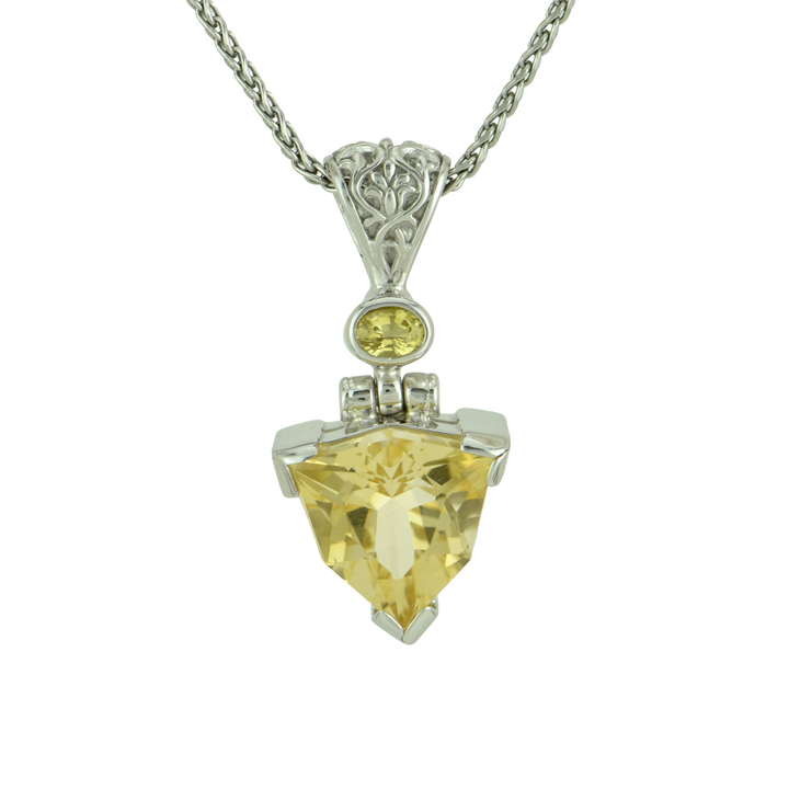 Trillion Citrine Pendant, set in Sterling Silver plated in White Rhodium