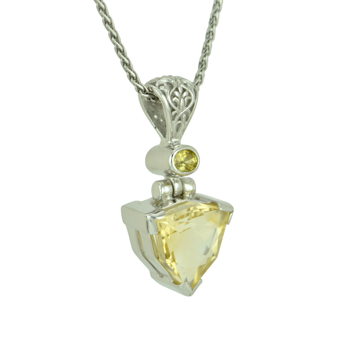 Trillion Citrine Pendant, set in Sterling Silver plated in White Rhodium
