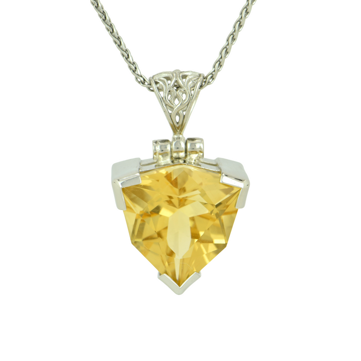 Trillion Citrine Pendant, set in Sterling Silver plated in White Rhodium