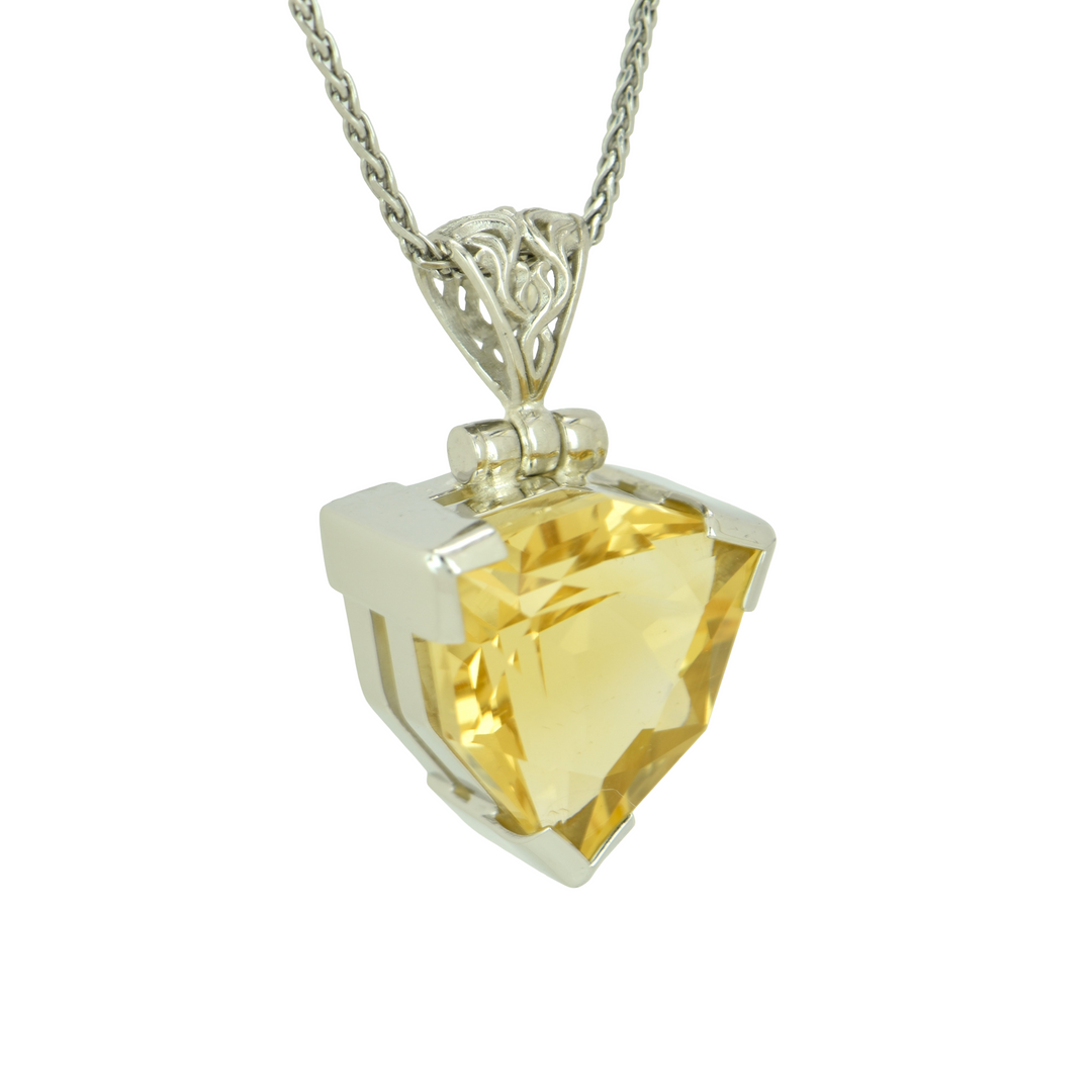 Trillion Citrine Pendant, set in Sterling Silver plated in White Rhodium