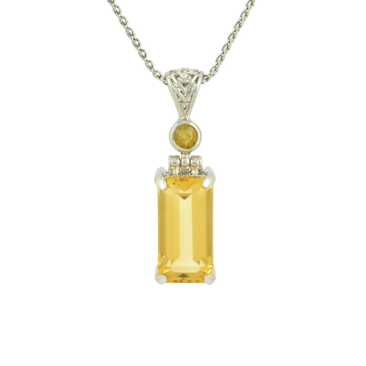 Emerald Cut Citrine Pendant, set in Sterling Silver plated in White Rhodium