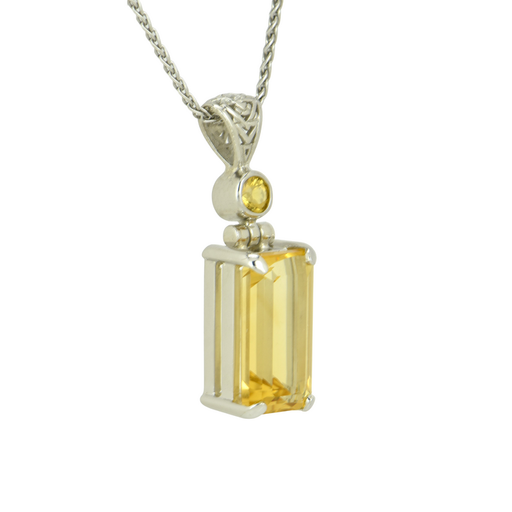 Emerald Cut Citrine Pendant, set in Sterling Silver plated in White Rhodium