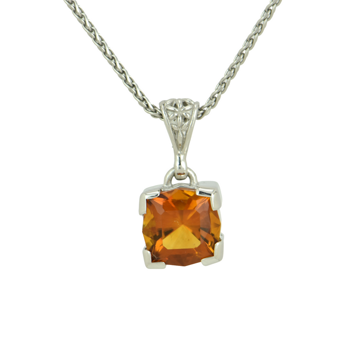 Cushion Cut Citrine Pendant, set in Sterling Silver plated in White Rhodium