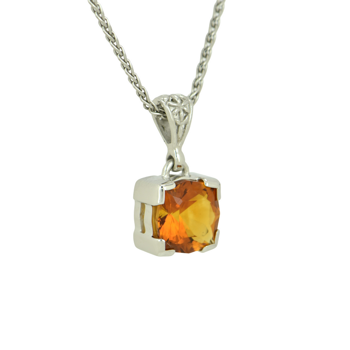 Cushion Cut Citrine Pendant, set in Sterling Silver plated in White Rhodium
