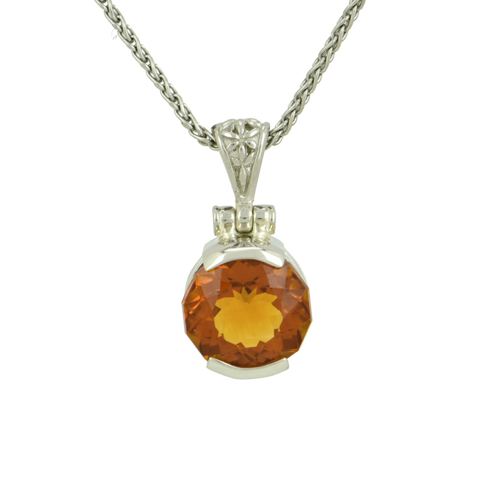 Round Citrine Pendant, set in Sterling Silver plated in White Rhodium