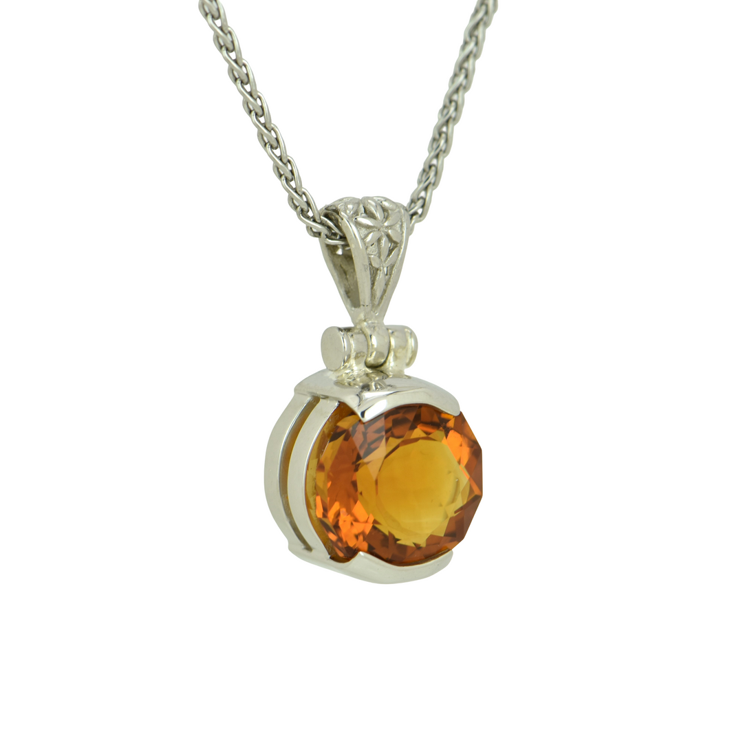 Round Citrine Pendant, set in Sterling Silver plated in White Rhodium