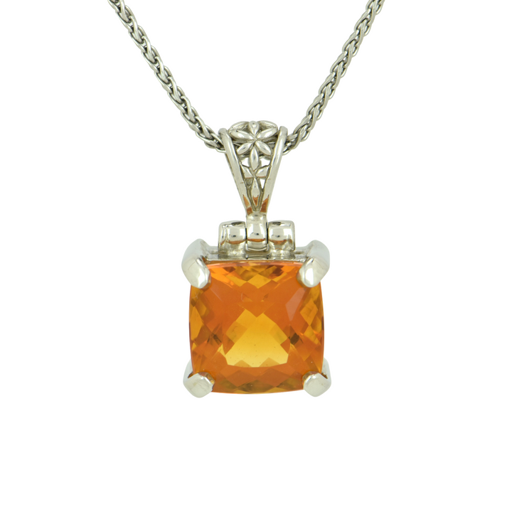 Cushion Cut Citrine Pendant, set in Sterling Silver plated in White Rhodium