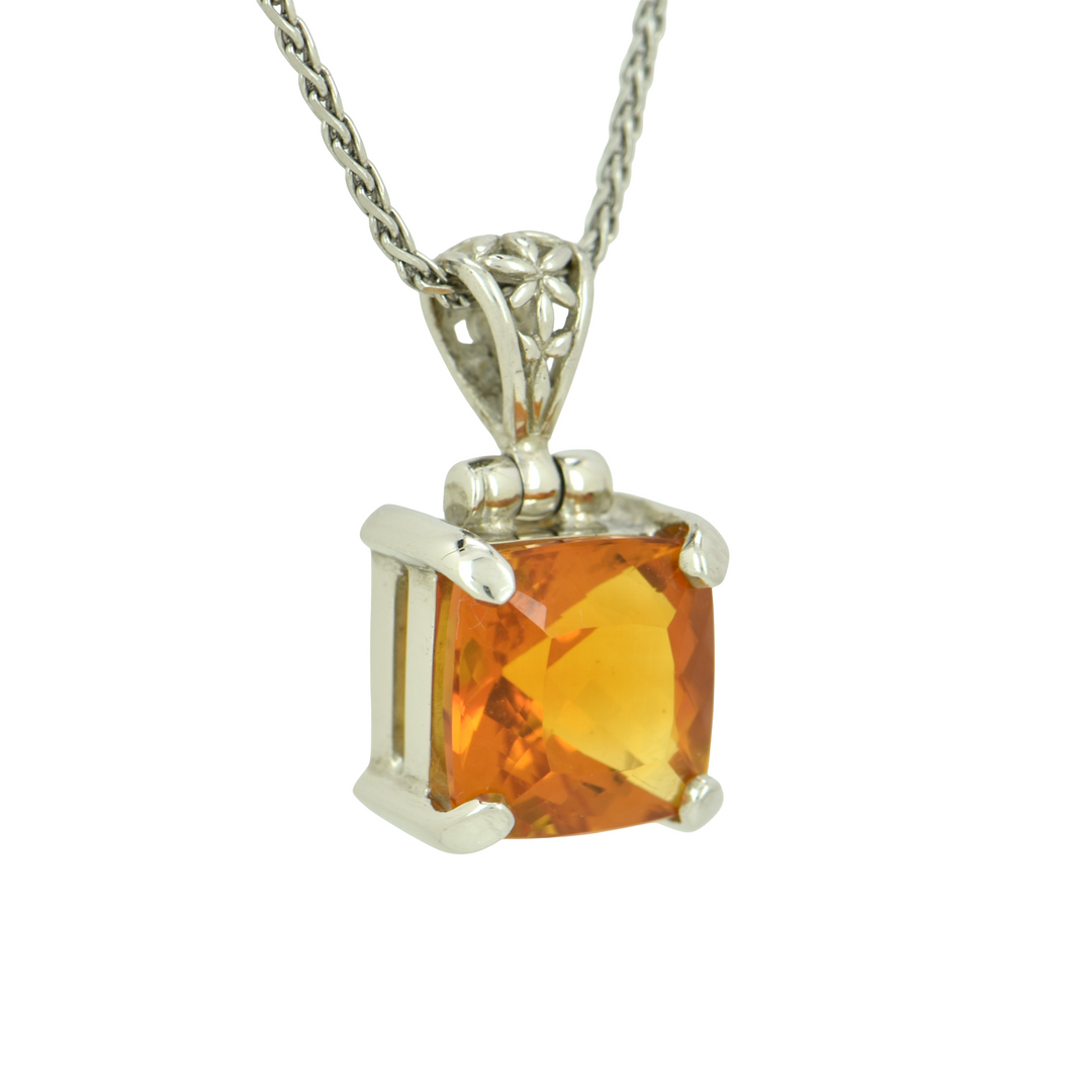 Cushion Cut Citrine Pendant, set in Sterling Silver plated in White Rhodium
