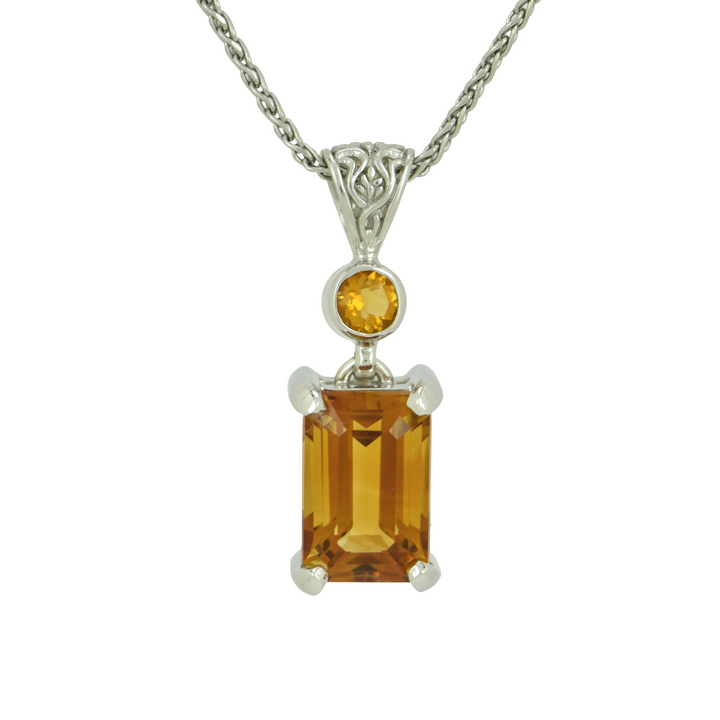 Emerald Cut Citrine Pendant, set in Sterling Silver plated in White Rhodium
