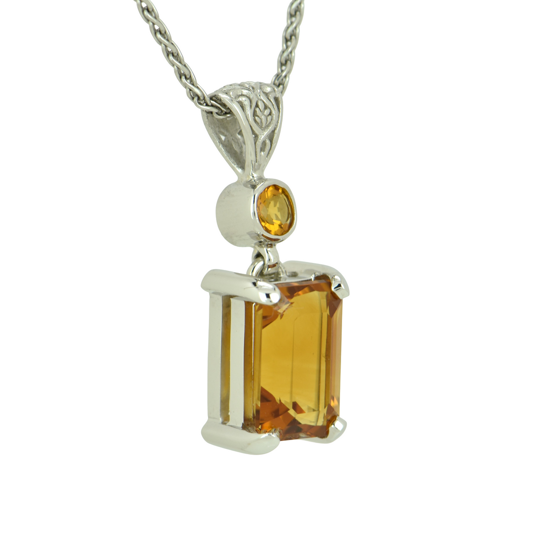Emerald Cut Citrine Pendant, set in Sterling Silver plated in White Rhodium