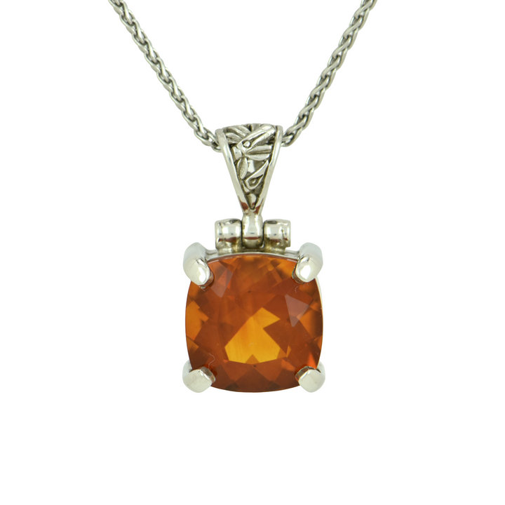 Cushion Cut Citrine Pendant, set in Sterling Silver plated in White Rhodium