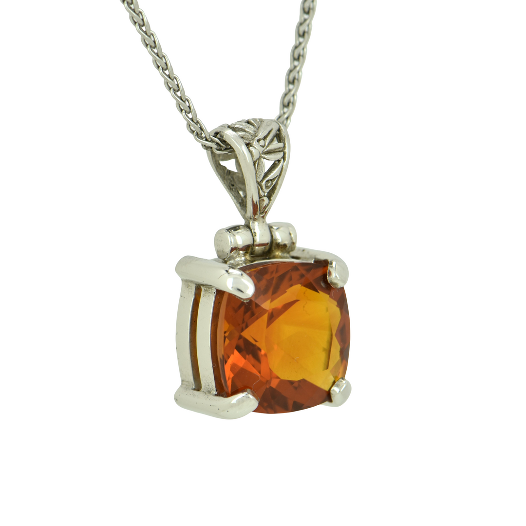 Cushion Cut Citrine Pendant, set in Sterling Silver plated in White Rhodium