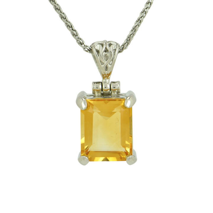 Emerald Cut Citrine Pendant, set in Sterling Silver plated in White Rhodium