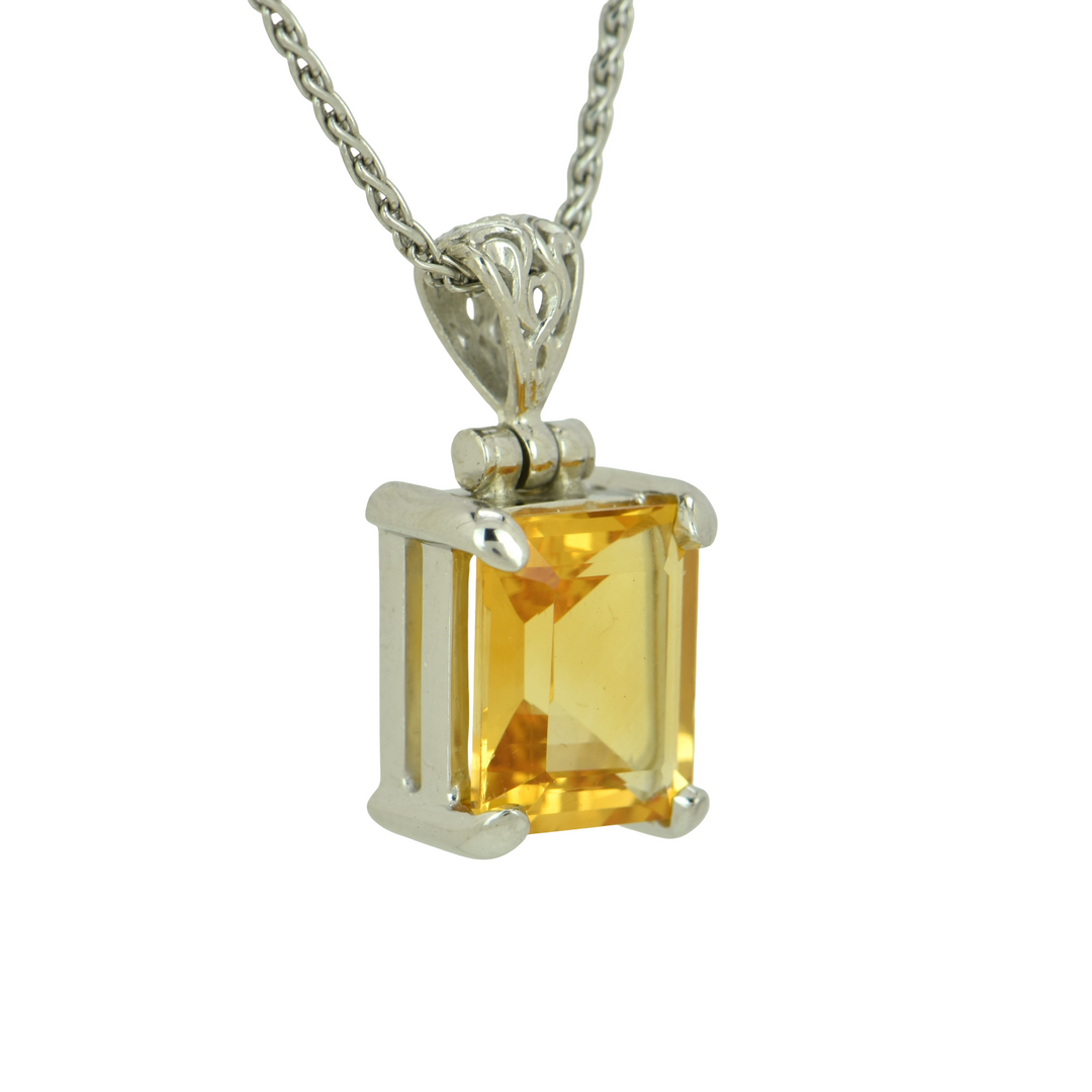 Emerald Cut Citrine Pendant, set in Sterling Silver plated in White Rhodium