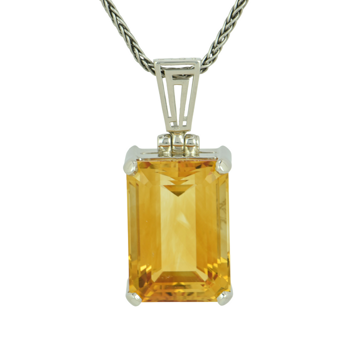 Emerald Cut Citrine Pendant, set in Sterling Silver plated in White Rhodium