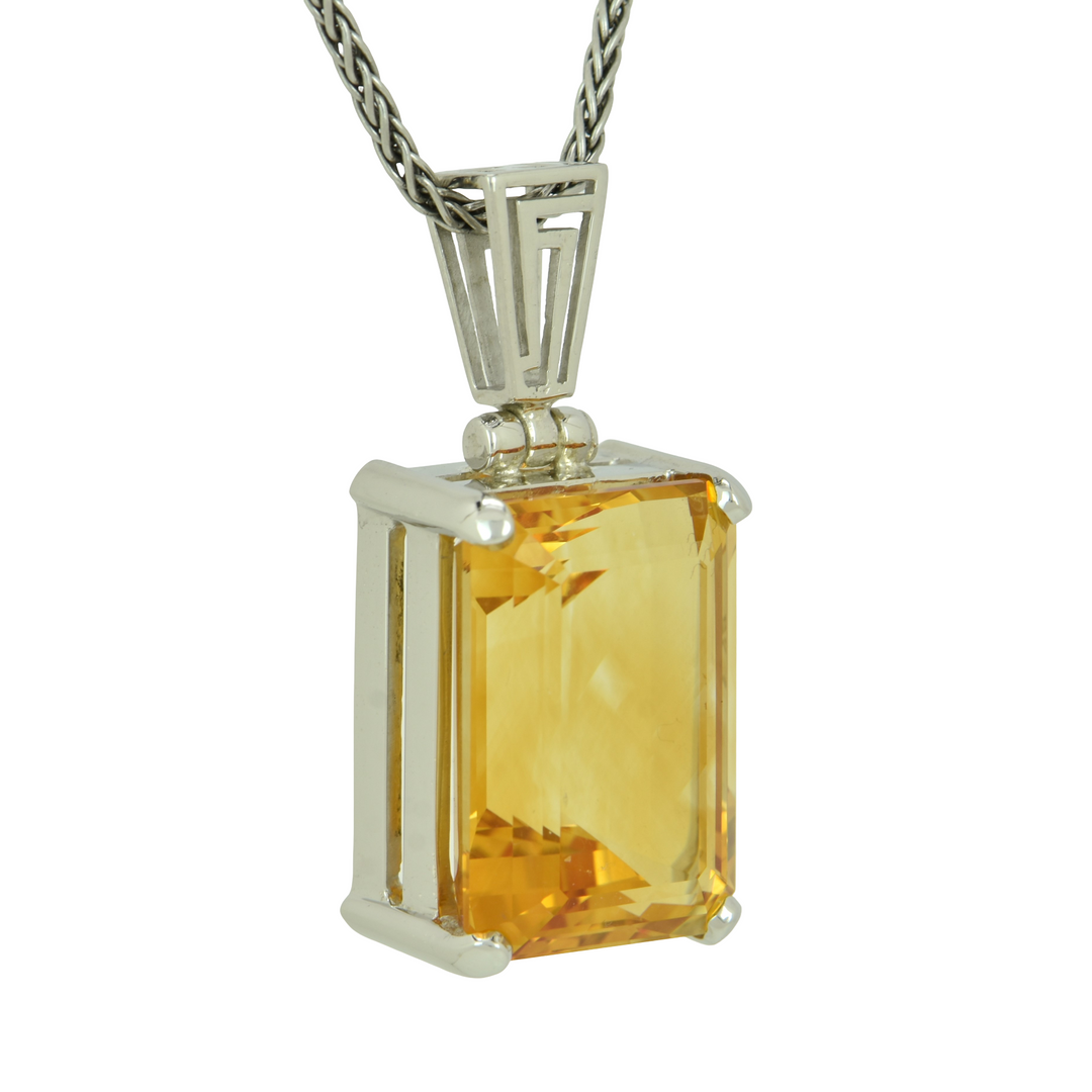 Emerald Cut Citrine Pendant, set in Sterling Silver plated in White Rhodium
