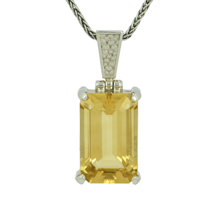 Emerald Cut Citrine Pendant, set in Sterling Silver plated in White Rhodium