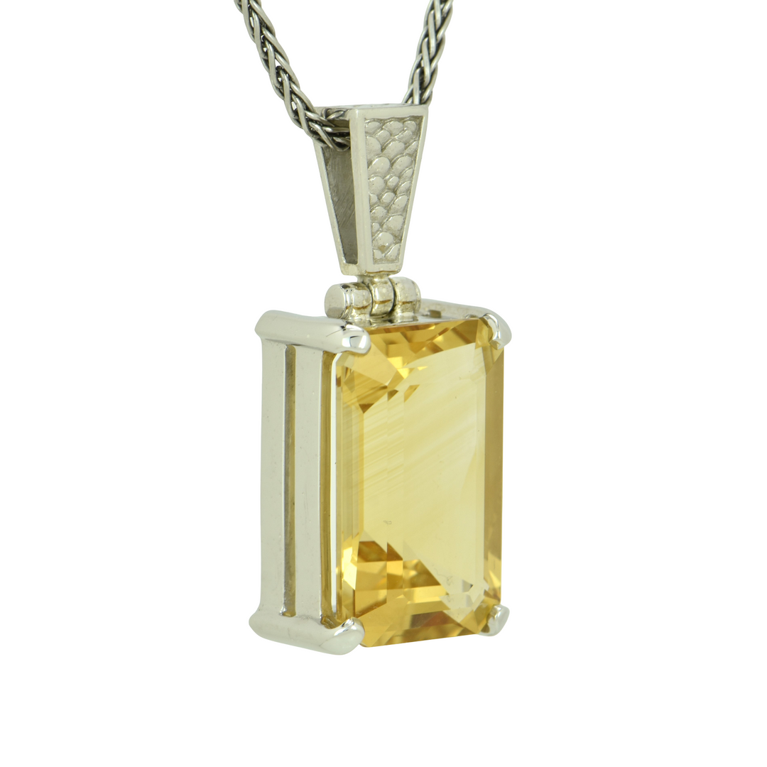 Emerald Cut Citrine Pendant, set in Sterling Silver plated in White Rhodium