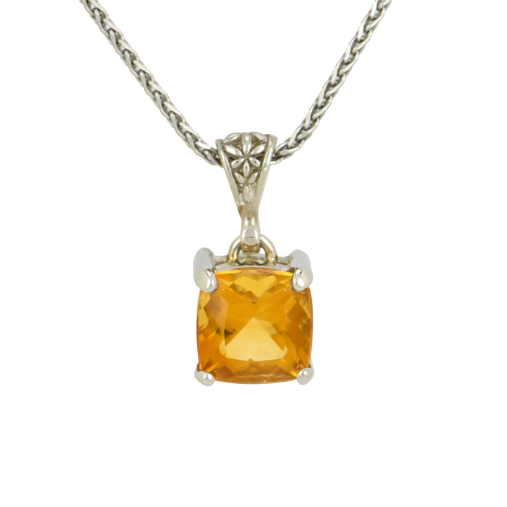 Cushion Cut Citrine Pendant, set in Sterling Silver plated in White Rhodium