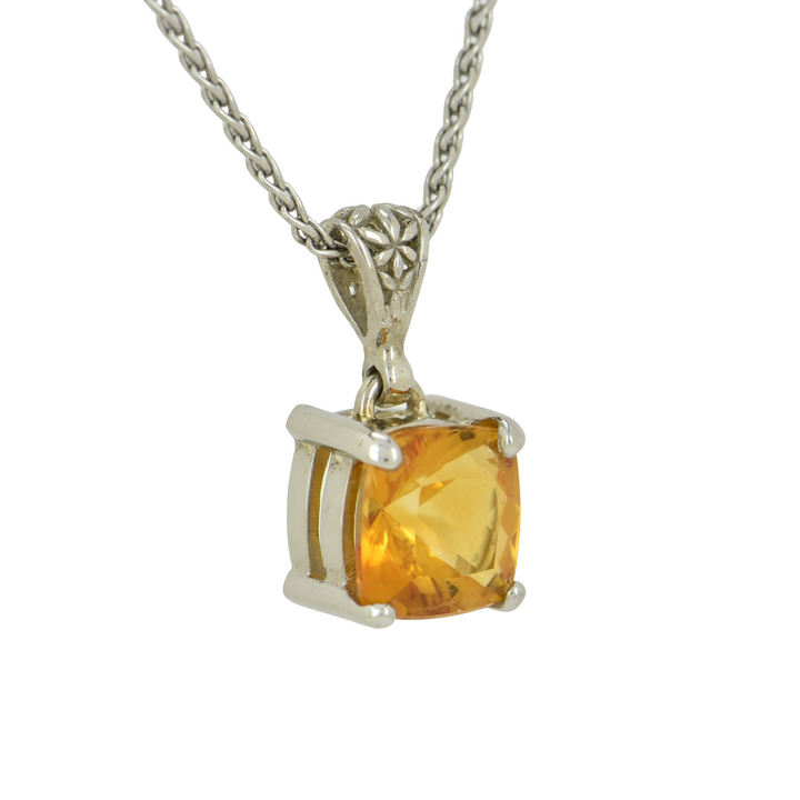 Cushion Cut Citrine Pendant, set in Sterling Silver plated in White Rhodium