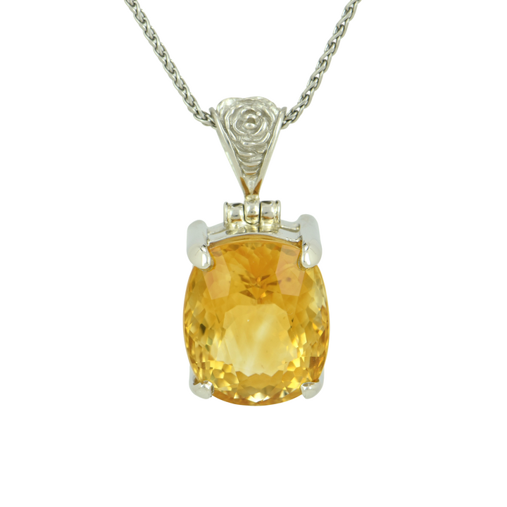 Emerald Cut Citrine Pendant, set in Sterling Silver plated in White Rhodium