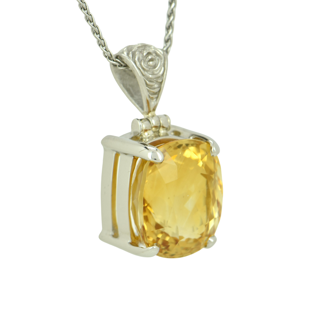 Emerald Cut Citrine Pendant, set in Sterling Silver plated in White Rhodium