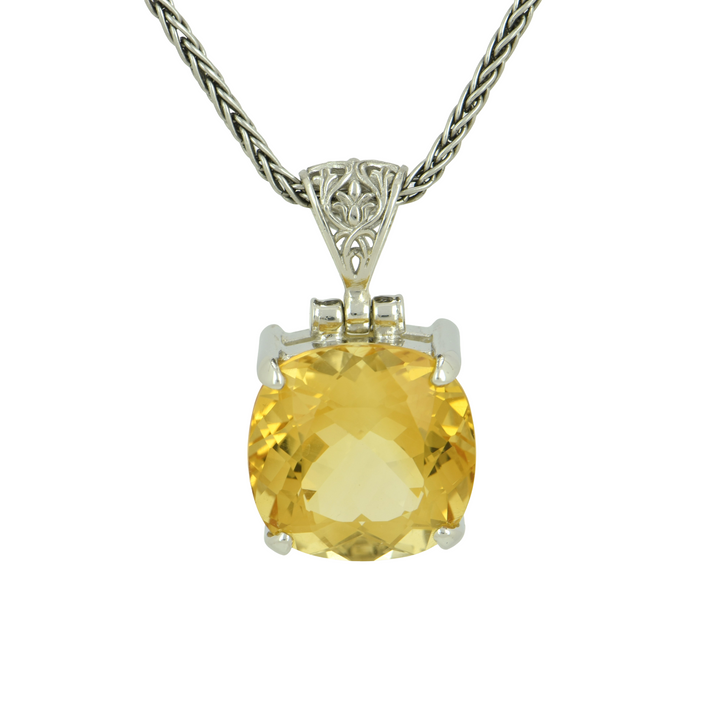 Cushion Cut Citrine Pendant, set in Sterling Silver plated in White Rhodium