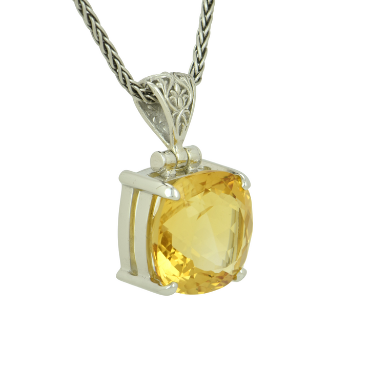 Cushion Cut Citrine Pendant, set in Sterling Silver plated in White Rhodium