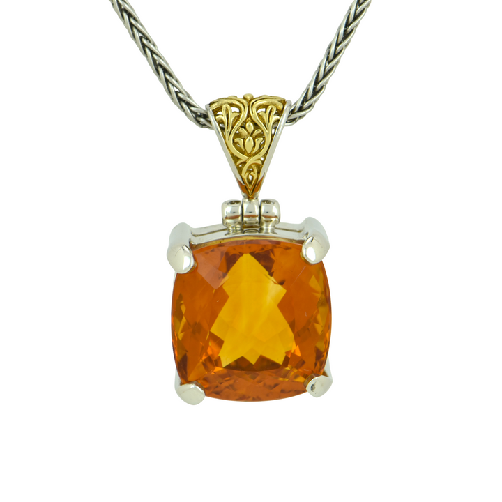 Emerald Cut Citrine Pendant, set in Sterling Silver plated in White Rhodium
