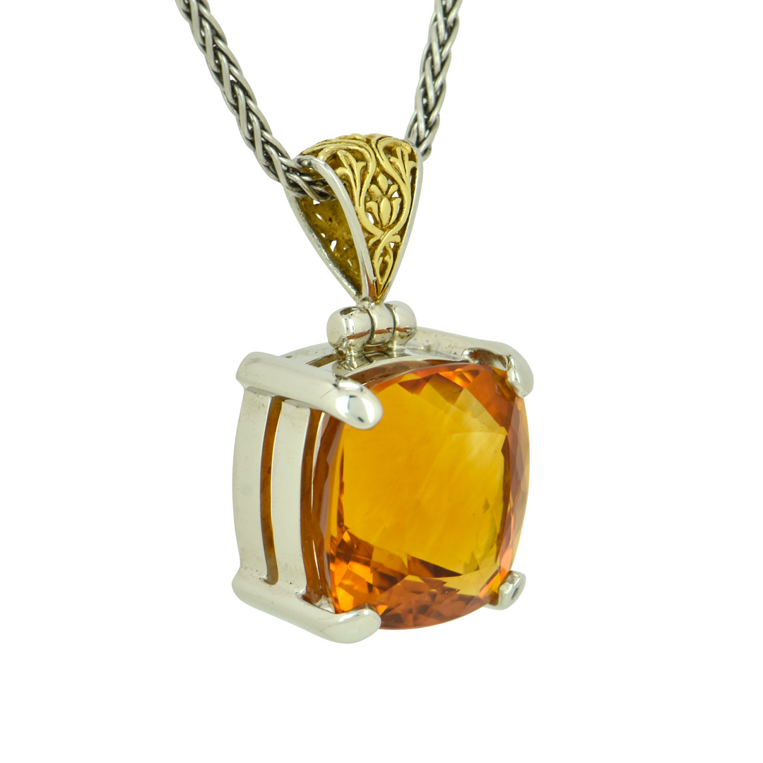 Emerald Cut Citrine Pendant, set in Sterling Silver plated in White Rhodium