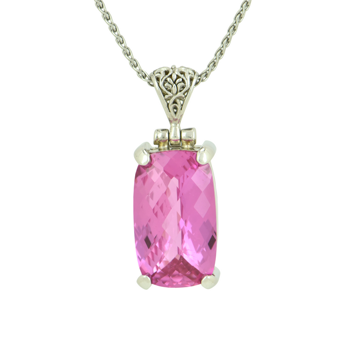 Emerald Cut Shasta Pink Sapphire Pendant, set in Sterling Silver plated in White Rhodium