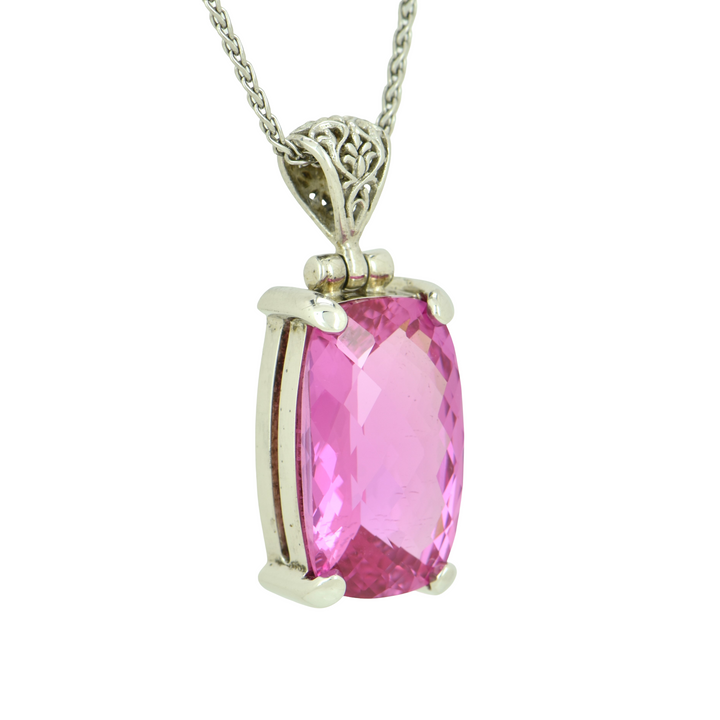 Emerald Cut Shasta Pink Sapphire Pendant, set in Sterling Silver plated in White Rhodium