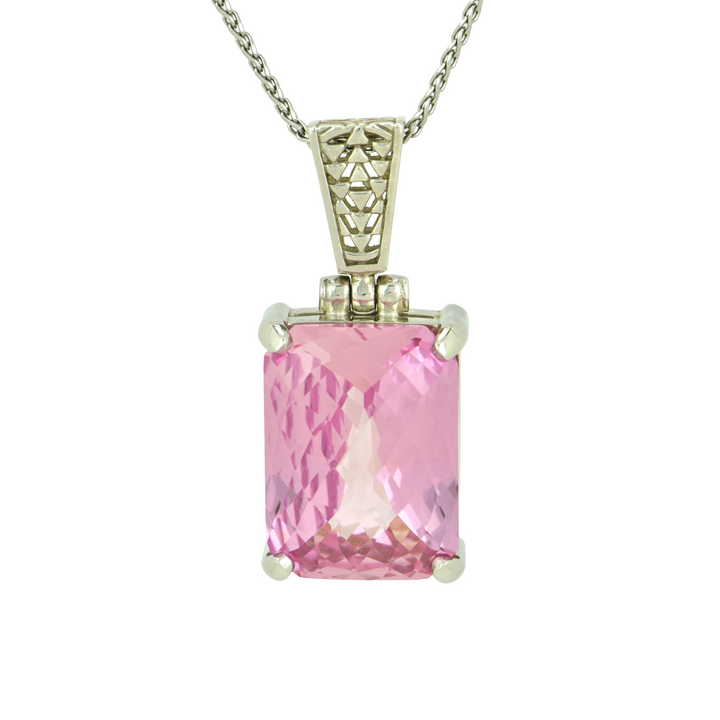 Emerald Cut Imperial Pink Sapphire Pendant, set in Sterling Silver plated in White Rhodium