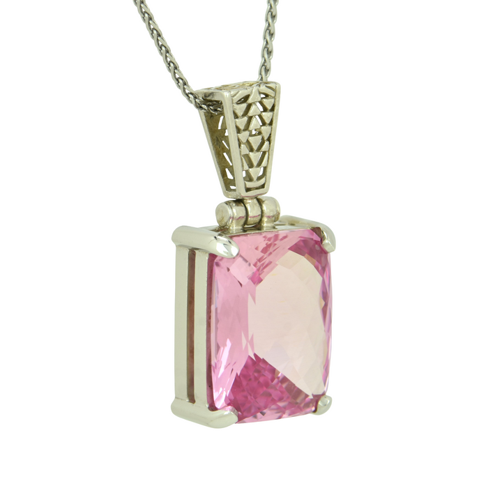 Emerald Cut Imperial Pink Sapphire Pendant, set in Sterling Silver plated in White Rhodium