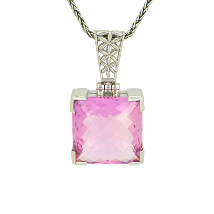 Cushion Cut Shasta Pink Sapphire Pendant, set in Sterling Silver plated in White Rhodium