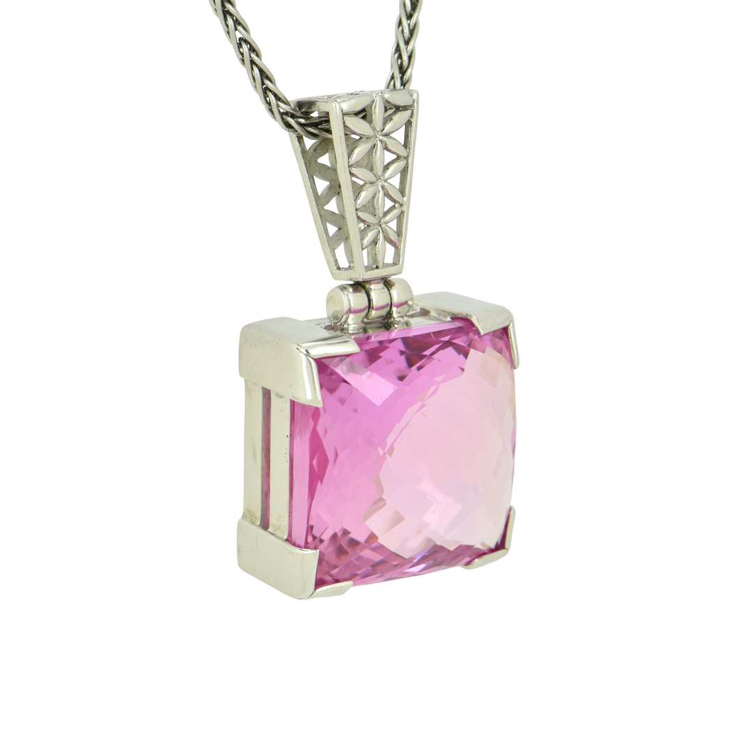 Cushion Cut Shasta Pink Sapphire Pendant, set in Sterling Silver plated in White Rhodium