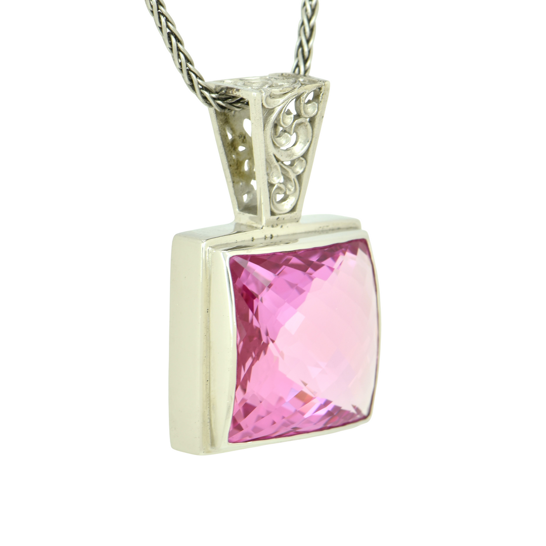 Cushion Cut Shasta Pink Sapphire Pendant, set in Sterling Silver plated in White Rhodium