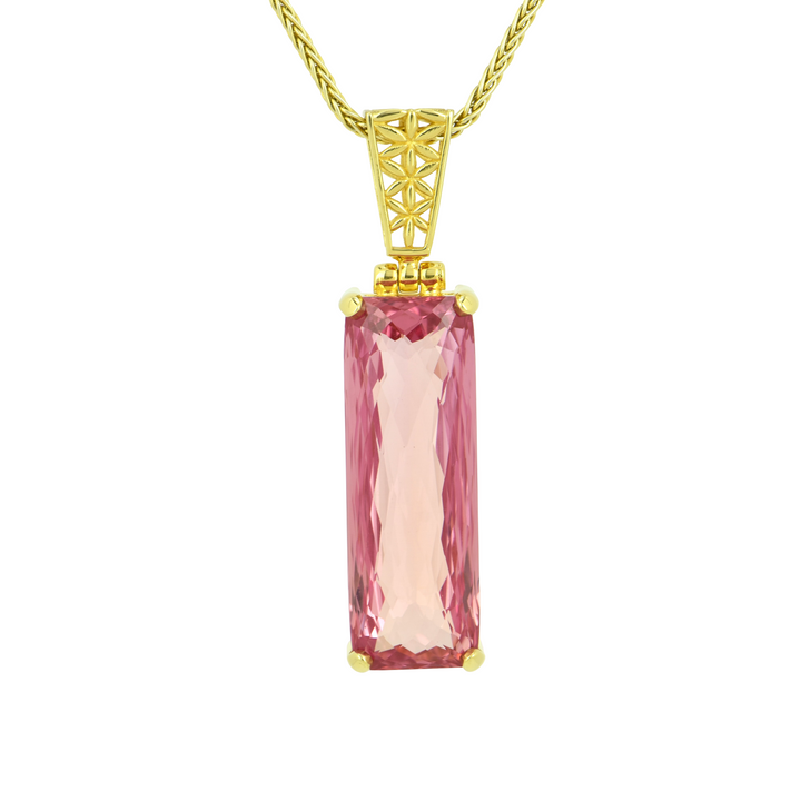 Emerald Cut Imperial Pink Sapphire Pendant, set in Sterling Silver plated in Yellow Gold