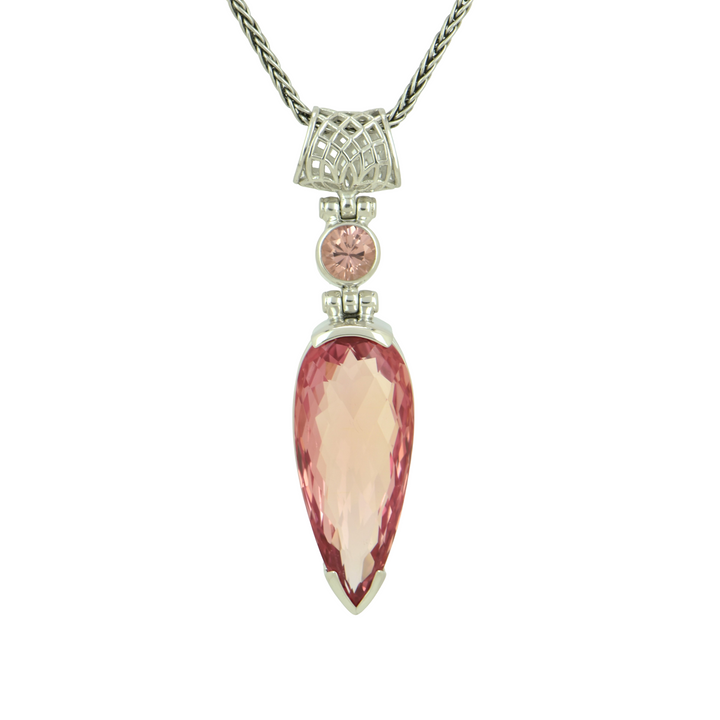 Pear Cut Imperial Pink Sapphire Pendant, set in Sterling Silver plated in White Rhodium