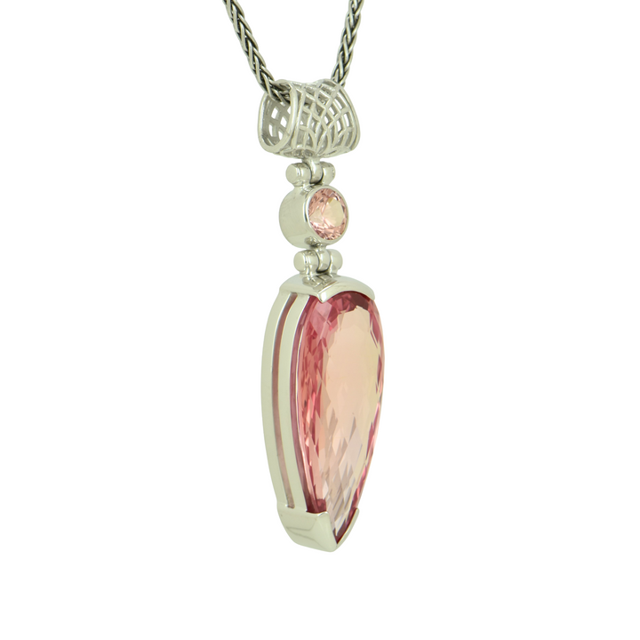 Pear Cut Imperial Pink Sapphire Pendant, set in Sterling Silver plated in White Rhodium