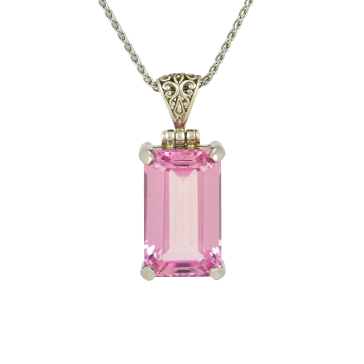 Emerald Cut Imperial Pink Sapphire Pendant, set in Sterling Silver plated in White Rhodium