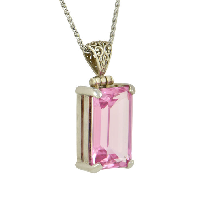 Emerald Cut Imperial Pink Sapphire Pendant, set in Sterling Silver plated in White Rhodium