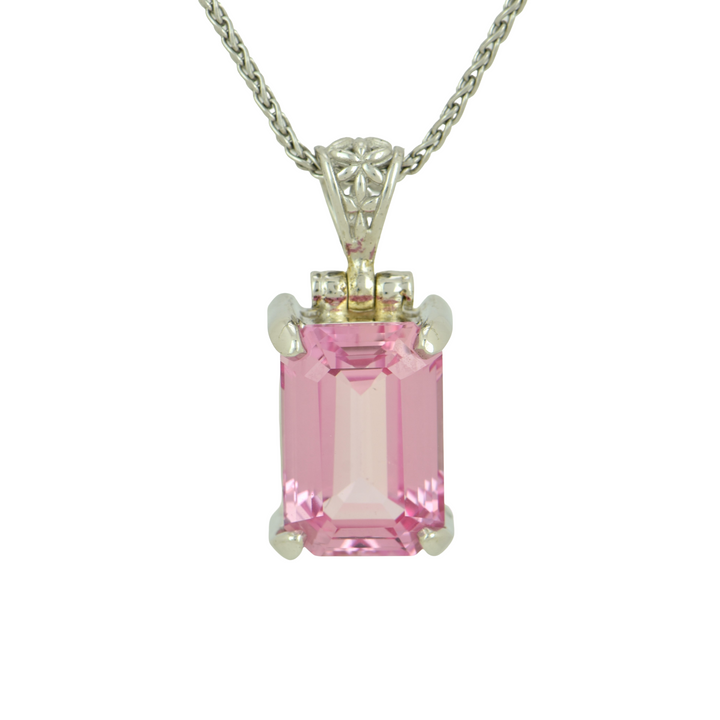 Emerald Cut Imperial Pink Sapphire Pendant, set in Sterling Silver plated in White Rhodium
