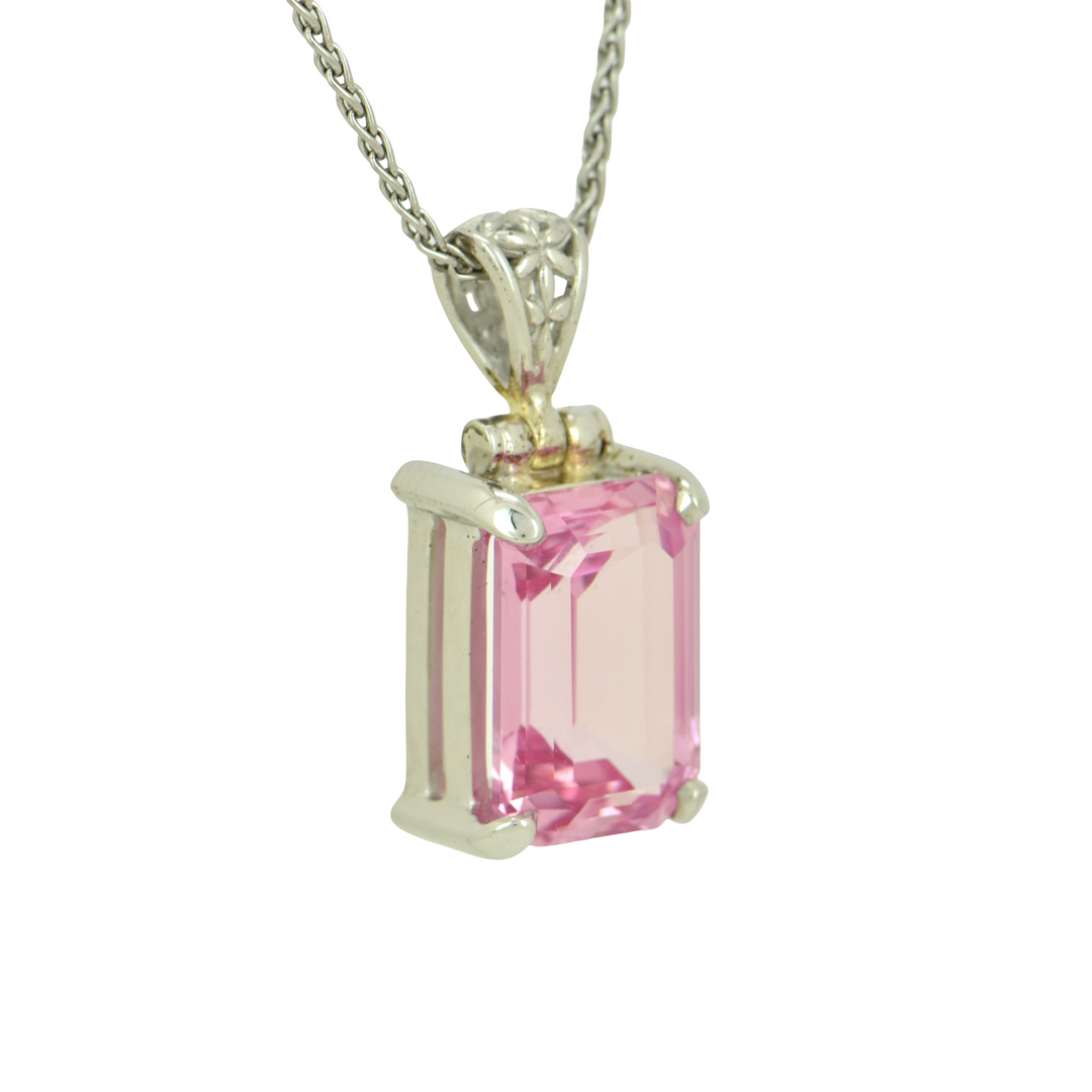 Emerald Cut Imperial Pink Sapphire Pendant, set in Sterling Silver plated in White Rhodium