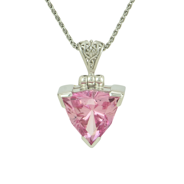 Trillion Imperial Pink Sapphire Pendant, set in Sterling Silver plated in White Rhodium