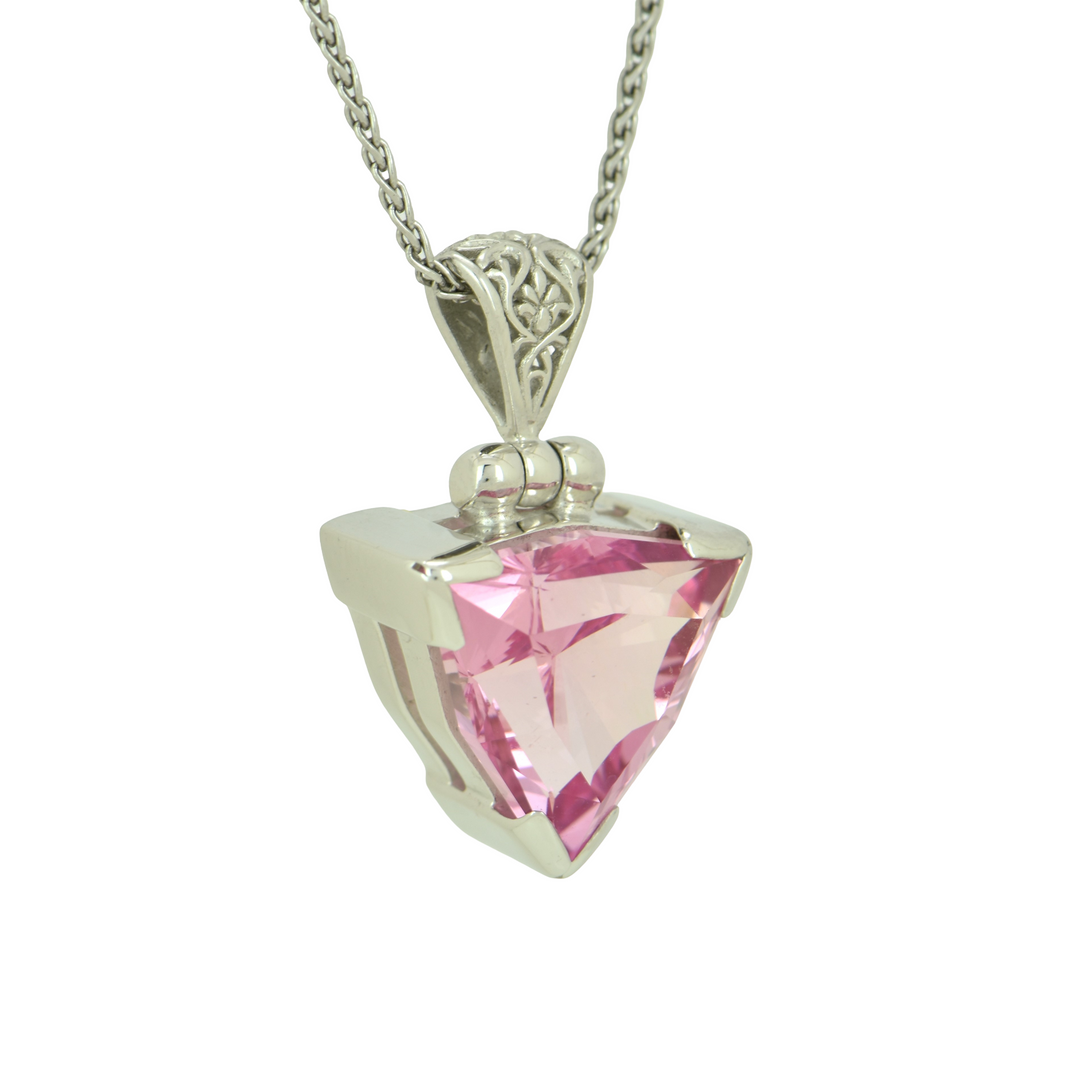Trillion Imperial Pink Sapphire Pendant, set in Sterling Silver plated in White Rhodium
