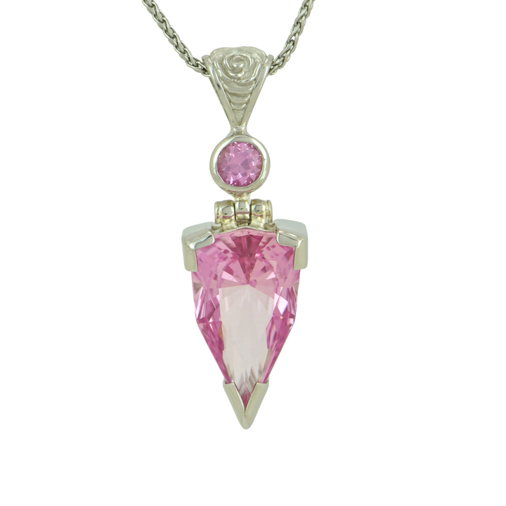 Trillion Imperial Pink Sapphire Pendant, set in Sterling Silver plated in White Rhodium